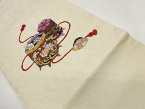 青峰作　民芸手織あみ織紬手描き金彩貝桶に牡丹・流水・松模様名古屋帯